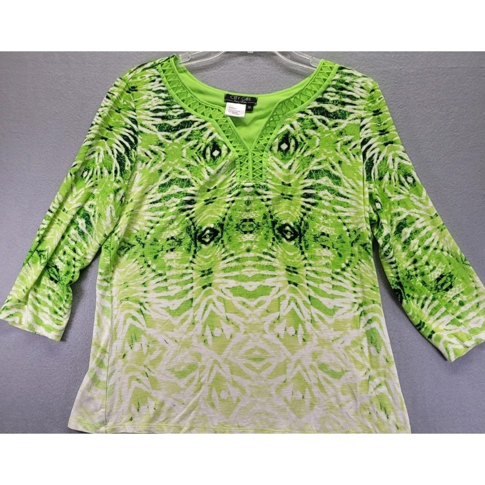 Nancy Bolen‎ City Girl Shirt Floral Flower Green Stretch Women Size Medium